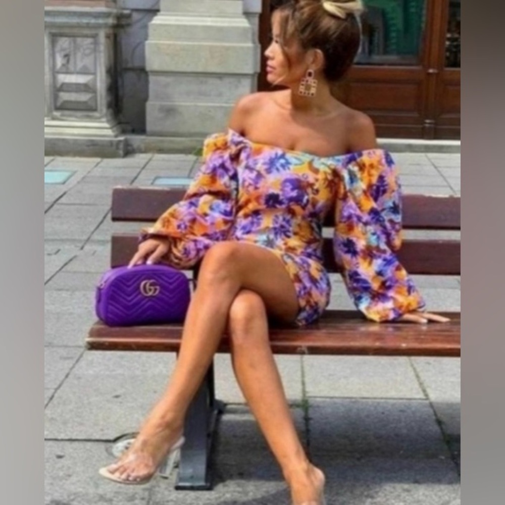Zara Yellow and Purple Floral Mini Dress with Balloon Sleeves